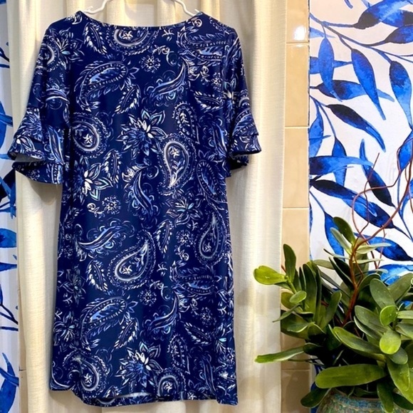 NWOT Women’s Aretha Nylon & Spandex Blue Paisley Ruffle Sleeve Dress Size Small - Picture 8 of 8